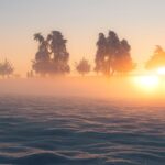 Snowy field at sunrise