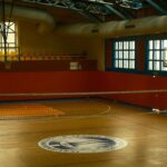 Volleyball net in an empty gym