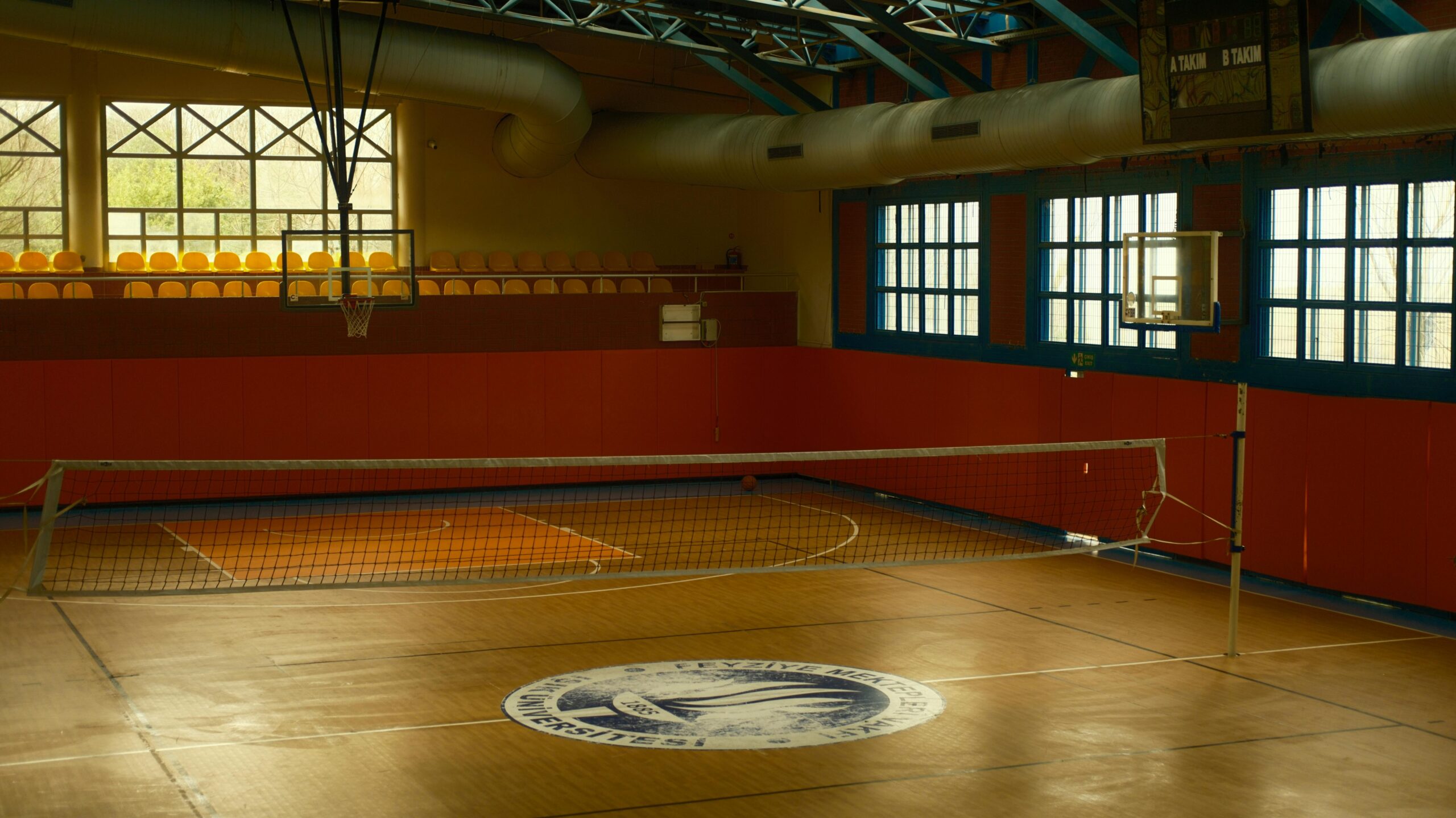 Volleyball net in an empty gym