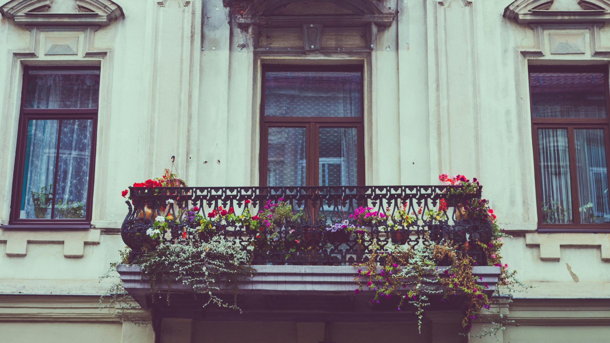 A balcony with flowers