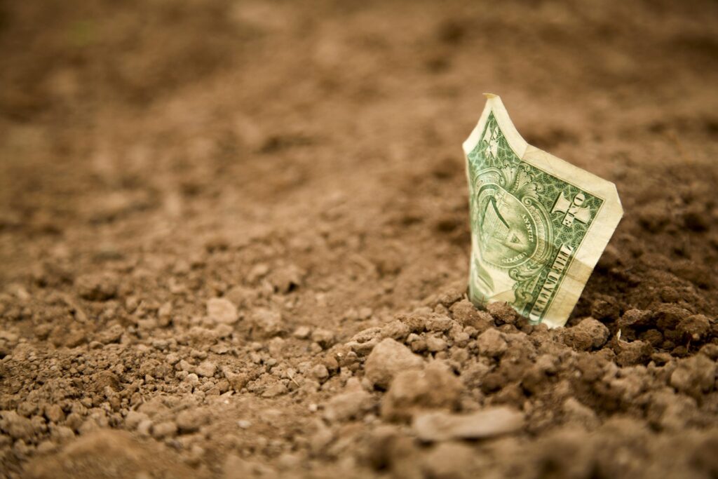 A dollar bill stuck in the dirt. 