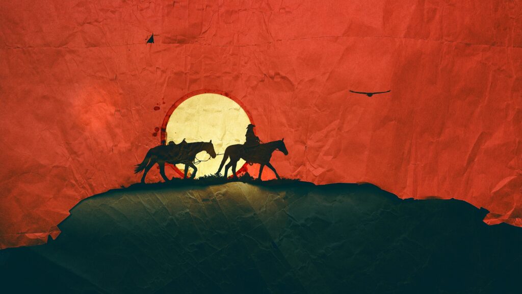 The silhouette of a man on horseback leading a riderless horse over a hill, with a setting sun in the background against a red sky in which a lone hawk flies.