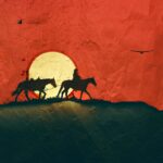 Painting of Cowboy with horses against silhouette of sunset Image by ha11ok from Pixabay