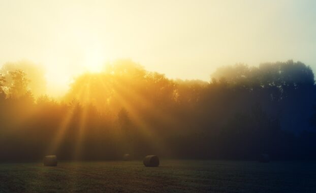 Sun setting over hay bales Image by Joe from Pixabay