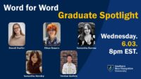 Word for Word Graduate Spotlight, with photos of readers Brandi Shaffer (a white woman with long blond hair and black glasses), Ethan Bowers (a white person with red hair), Samantha Barrow (a white woman with brown hair), Samantha Hensley (an Asian American woman with black hair), and Trenton Guthrie (a white man with dark hair standing in front of a brick wall).